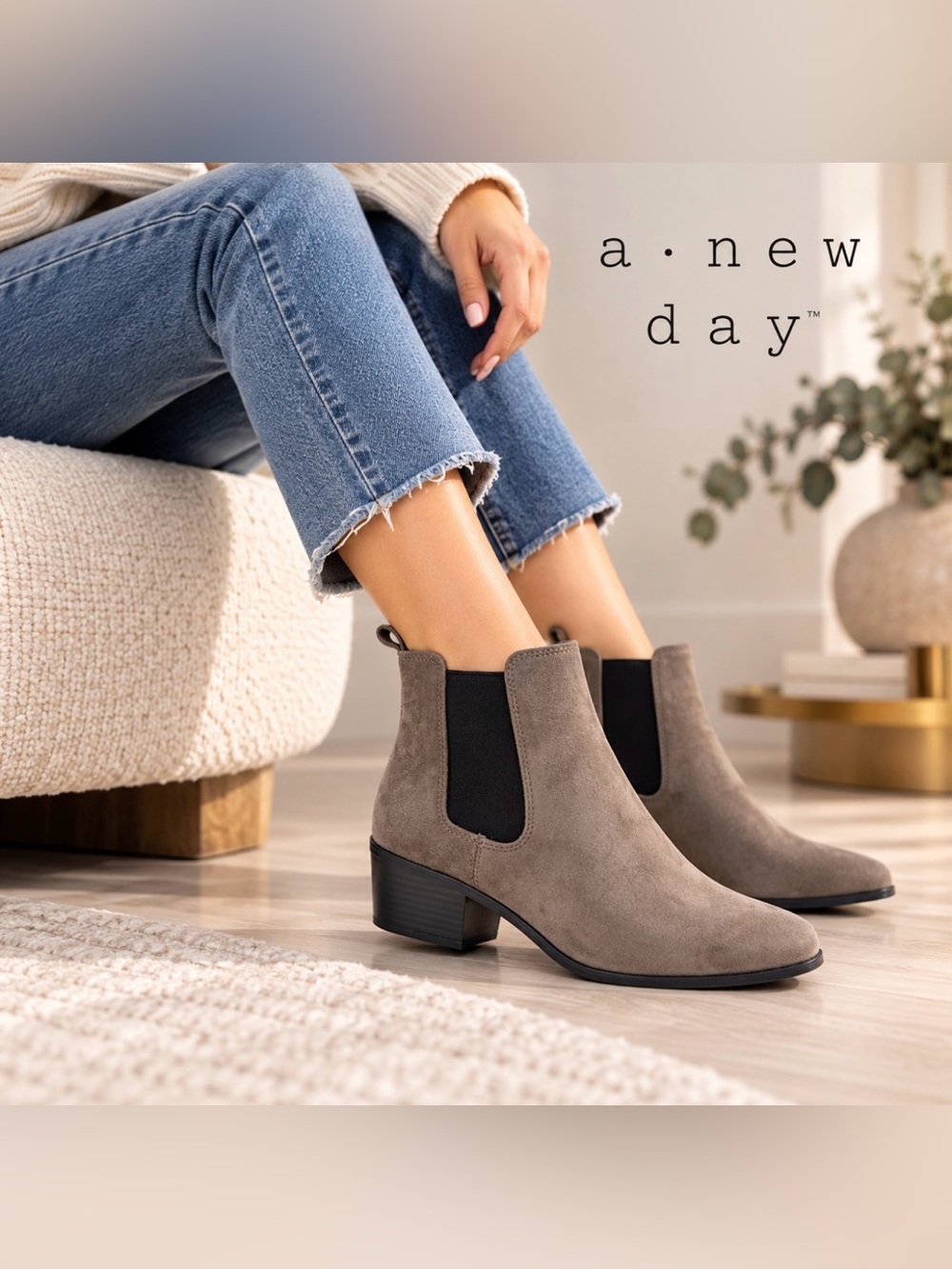 a new day Women Taupe Suede Chelsea Booties with Black Elastic Size 5